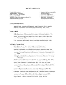 RACHEL E. KRANTON Contact Information: Department of Economics Duke University, Box[removed]Durham, NC[removed]phone[removed]; fax[removed]