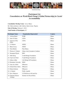 The World Bank Group  Participant List Consultation on World Bank Group’s Global Partnership for Social Accountability Consultation Meeting Venue: Accra, Ghana