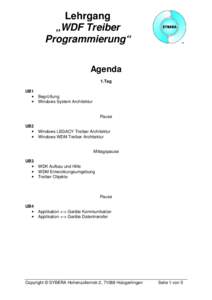 Lehrgang „WDF Treiber Programmierung“ Agenda 1.Tag UB1