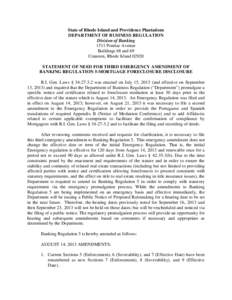 State of Rhode Island and Providence Plantations DEPARTMENT OF BUSINESS REGULATION Division of Banking 1511 Pontiac Avenue Buildings 68 and 69 Cranston, Rhode Island 02920