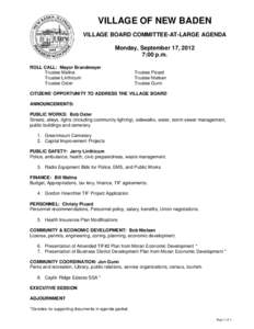 VILLAGE OF NEW BADEN VILLAGE BOARD COMMITTEE-AT-LARGE AGENDA Monday, September 17, 2012 7:00 p.m. ROLL CALL: Mayor Brandmeyer Trustee Malina