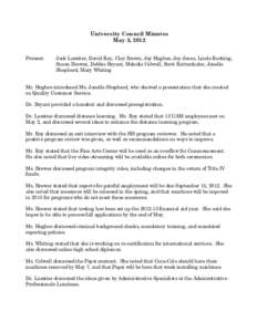 University Council Minutes May 3, 2012 Present: Jack Lassiter, David Ray, Clay Brown, Jay Hughes, Jay Jones, Linda Rushing, Susan Brewer, Debbie Bryant, Melodie Colwell, Scott Kuttenkuler, Janelle