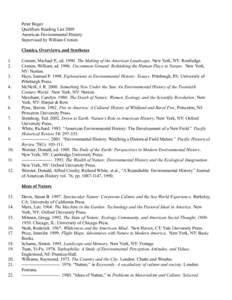 Peter Boger Qualifiers Reading List 2009 American Environmental History Supervised by William Cronon Classics, Overviews, and Syntheses 1.