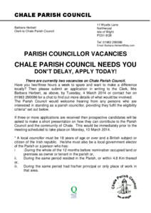 CHALE PARISH COUNCIL Barbara Herbert Clerk to Chale Parish Council