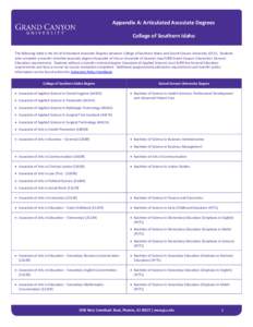 Appendix A: Articulated Associate Degrees College of Southern Idaho The following table is the list of Articulated Associate Degrees between College of Southern Idaho and Grand Canyon University (GCU). Students who compl