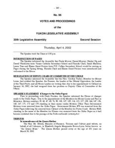 - [removed]No. 96 VOTES AND PROCEEDINGS of the YUKON LEGISLATIVE ASSEMBLY