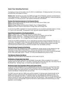 Asian Carp Sampling Summary A sampling summary for the week of July 16, 2012 is included below. All data presented in this summary are preliminary and subject to revision. Bottom Line: Monitoring occurred in the CAWS and