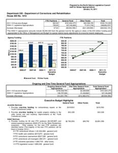 Prepared by the North Dakota Legislative Council staff for House Appropriations January 10, 2011 Department[removed]Department of Corrections and Rehabilitation House Bill No. 1015