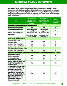 Medical Plans OVERVIEW LACERA is proud to offer comprehensive medical plans to Los Angeles County retirees and their eligible dependents. Eligibility for some plans depends on whether the person being insured is eligible