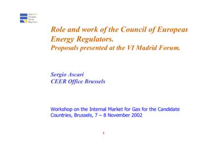 Role and work of the Council of European Energy Regulators. Proposals presented at the VI Madrid Forum. Sergio Ascari CEER Office Brussels