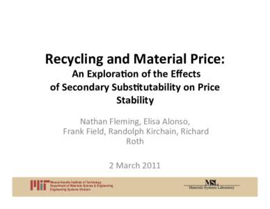 Recycling	
  and	
  Material	
  Price:	
   	
  An	
  Explora6on	
  of	
  the	
  Eﬀects	
   of	
  Secondary	
  Subs6tutability	
  on	
  Price	
   Stability	
   Nathan	
  Fleming,	
  Elisa	
  Alonso,	

