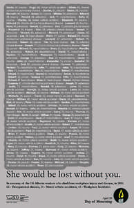 She would be lost without you. In memory of the 136 Alberta workers who died from workplace injury and disease, in[removed]Occupational disease, 31 - Motor vehicle accidents, 43 - Workplace Incidents. WCB[removed])