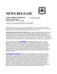 NEWS RELEASE USDA FOREST SERVICE For Immediate Release  Rocky Mountain Region