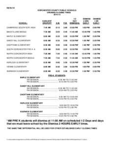 [removed]DORCHESTER COUNTY PUBLIC SCHOOLS OPENING/CLOSING TIMES[removed]P.M.