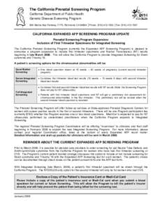 The California Prenatal Screening Program California Department of Public Health Genetic Disease Screening Program 850 Marina Bay Parkway, F175, Richmond, CA 94804 │Phone: ([removed] │Fax: ([removed]CALIFOR