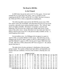 The Road to 200 Hits by Jim Weigand In 2009 Ichiro Suzuki hit safely in 87.7% of his games. He also had multiple hits in exactly half of his games. This is a modern record, surpassing his 86.0% in 2001 and his 49.7% in 2