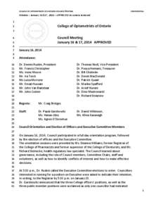 COLLEGE OF OPTOMETRISTS OF ONTARIO-COUNCIL MEETING  CONFIDENTIAL Minutes – January 16 &17, 2014 – APPROVED In-camera removed