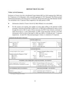 BRITISH VIRGIN ISLANDS Visitor Arrival Summary Estimates of Tourist Arrivals to the British Virgin Islands (BVI) in 2010 surpassed the 2009 total by 7.0 percent or 21.6 thousand, with a recorded aggregate of[removed]thousa