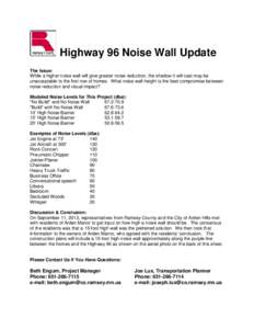 Highway 96 Noise Wall Update The Issue: While a higher noise wall will give greater noise reduction, the shadow it will cast may be unacceptable to the first row of homes. What noise wall height is the best compromise be