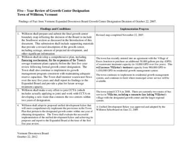 Five – Year Review of Growth Center Designation Town of Williston, Vermont Findings of Fact from Vermont Expanded Downtown Board Growth Center Designation Decision of October 22, 2007. Findings and Conditions 1. Willis