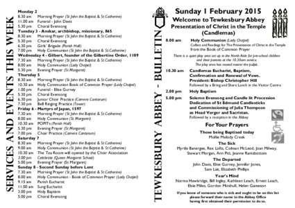 Sunday 1 February[removed]Welcome to Tewkesbury Abbey TEWKESBURY ABBEY - BULLETIN