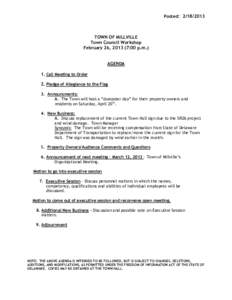 Posted: [removed]TOWN OF MILLVILLE Town Council Workshop February 26, [removed]:00 p.m.) AGENDA