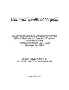Commonwealth of Virginia  Department of Agriculture and Consumer Services Office of Charitable and Regulatory Programs Oliver Hill Building 102 Governor Street, Lower Level