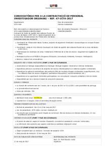 CONVOCATÒRIA PER A LA CONTRACTACIÓ DE PERSONAL INVESTIGADOR ORDINARI – REF. 47-ICTA-2017 Departament: ICTA-UAB  Àrea de coneixement: