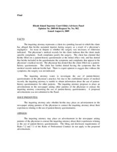 Final  Rhode Island Supreme Court Ethics Advisory Panel Opinion No[removed]Request No. No. 962 Issued August 6, 2009