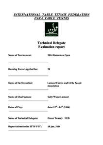 INTERNATIONAL TABLE TENNIS FEDERATION PARA TABLE TENNIS Technical Delegate Evaluation report Name of Tournament: