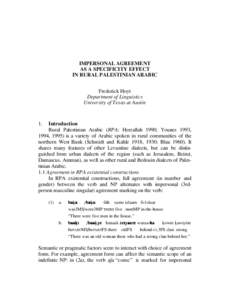 IMPERSONAL AGREEMENT AS A SPECIFICITY EFFECT IN RURAL PALESTINIAN ARABIC  1 IMPERSONAL AGREEMENT AS A SPECIFICITY EFFECT