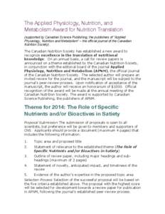 The Applied Physiology, Nutrition, and Metabolism Award for Nutrition Translation (supported by Canadian Science Publishing, the publishers of “Applied Physiology, Nutrition and Metabolism” – the official journal o