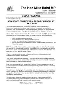 The Hon Mike Baird MP NSW Treasurer State Member for Manly MEDIA RELEASE Friday 30 September 2011