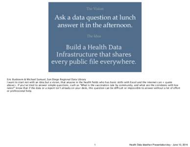 The Vision  Ask a data question at lunch answer it in the afternoon. The Idea