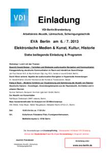Einladung VDI-Berlin/Brandenburg Arbeitskreis Akustik, Lärmschutz, Schwingungstechnik EVA Berlin amElektronische Medien & Kunst, Kultur, Historie