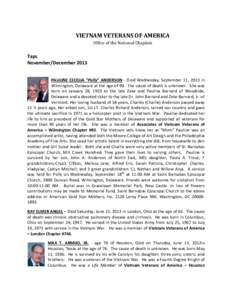 VIETNAM VETERANS OF AMERICA Office of the National Chaplain Taps November/December 2013 PAULINE CECELIA “Polly” ANDERSON - Died Wednesday, September 11, 2013 in