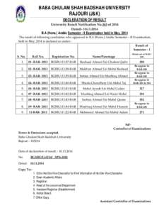 BABA GHULAM SHAH BADSHAH UNIVERSITY RAJOURI (J&K) DECLERATION OF RESULT University Result Notification No.363 of 2014 Dated:- [removed]