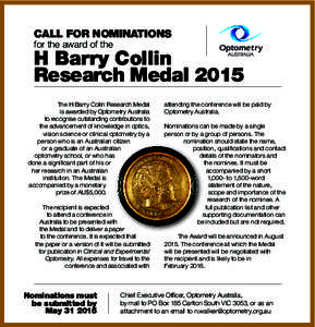 CALL FOR NOMINATIONS for the award of the Optometry  H Barry Collin