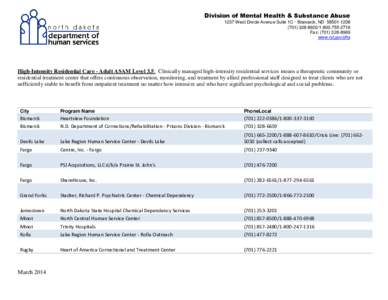 Division of Mental Health & Substance Abuse 1237 West Divide Avenue Suite 1C - Bismarck, ND[removed][removed][removed]Fax: ([removed]www.nd.gov/dhs