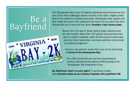 Be a Bayfriend The Chesapeake Bay is one of Virginia’s greatest natural resources and one of the most challenged bodies of water in the state. Virginia ranks third in the nation for seafood production. Chesapeake Bay o