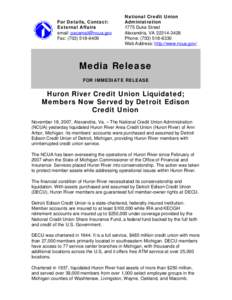 Media Release - Huron River Credit Union Liquidated; Members Now Served by Detroit Edison Credit Union