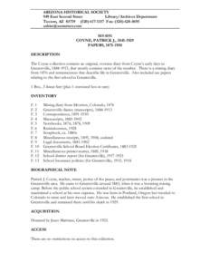 ARIZONA HISTORICAL SOCIETY 949 East Second Street Library/Archives Department Tucson, AZ[removed]1157 Fax: ([removed]removed] MS 0191