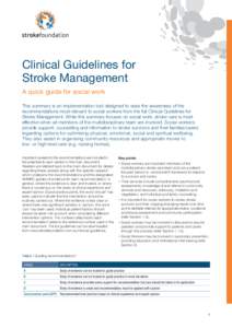Stop stroke. Save lives. End suffering.  Clinical Guidelines for Stroke Management A quick guide for social work This summary is an implementation tool designed to raise the awareness of the