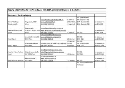 Tagung 50 Jahre Charta von Venedig, [removed], Zimmerkontingente[removed]Kennwort: Denkmaltagung Benediktushaus (Schottenstift)  Freyung 6a, 1010