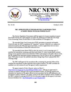 NRC NEWS U.S. NUCLEAR REGULATORY COMMISSION Office of Public Affairs Telephone: [removed]Washington, D.C[removed]E-mail: [removed]