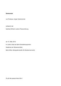 Dankesrede  von Professor Jürgen Osterhammel anlässlich der Gottfried Wilhelm Leibniz-Preisverleihung