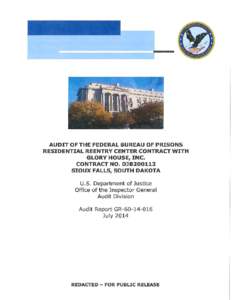 Audit of the Federal Bureau of Prisons Residential Reentry Center Contract with Glory House, Inc., Contract No. DJB200112 Sioux Falls, South Dakota