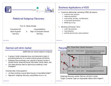 Business Applications of KDD o Customer relationship marketing (CRM) (all sectors) o customer loss reduction o response prediction o cross-selling, bundles, cannibalization o micromarket identification