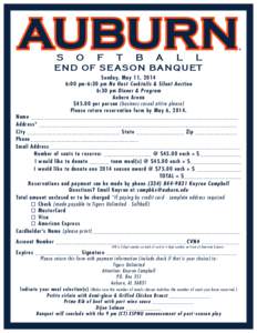 S O F T B A L L END OF SEASON BANQUET Sunday, May 11, 2014 6:00 pm-6:30 pm No Host Cocktails & Silent Auction 6:30 pm Dinner & Program Auburn Arena