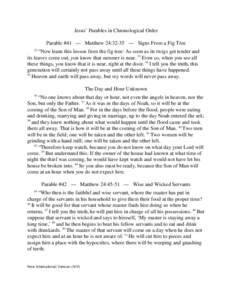 Jesus’ Parables in Chronological Order Parable #41 — Matthew 24:32-35 — Signs From a Fig Tree 32 “Now learn this lesson from the fig tree: As soon as its twigs get tender and its leaves come out, you know that su